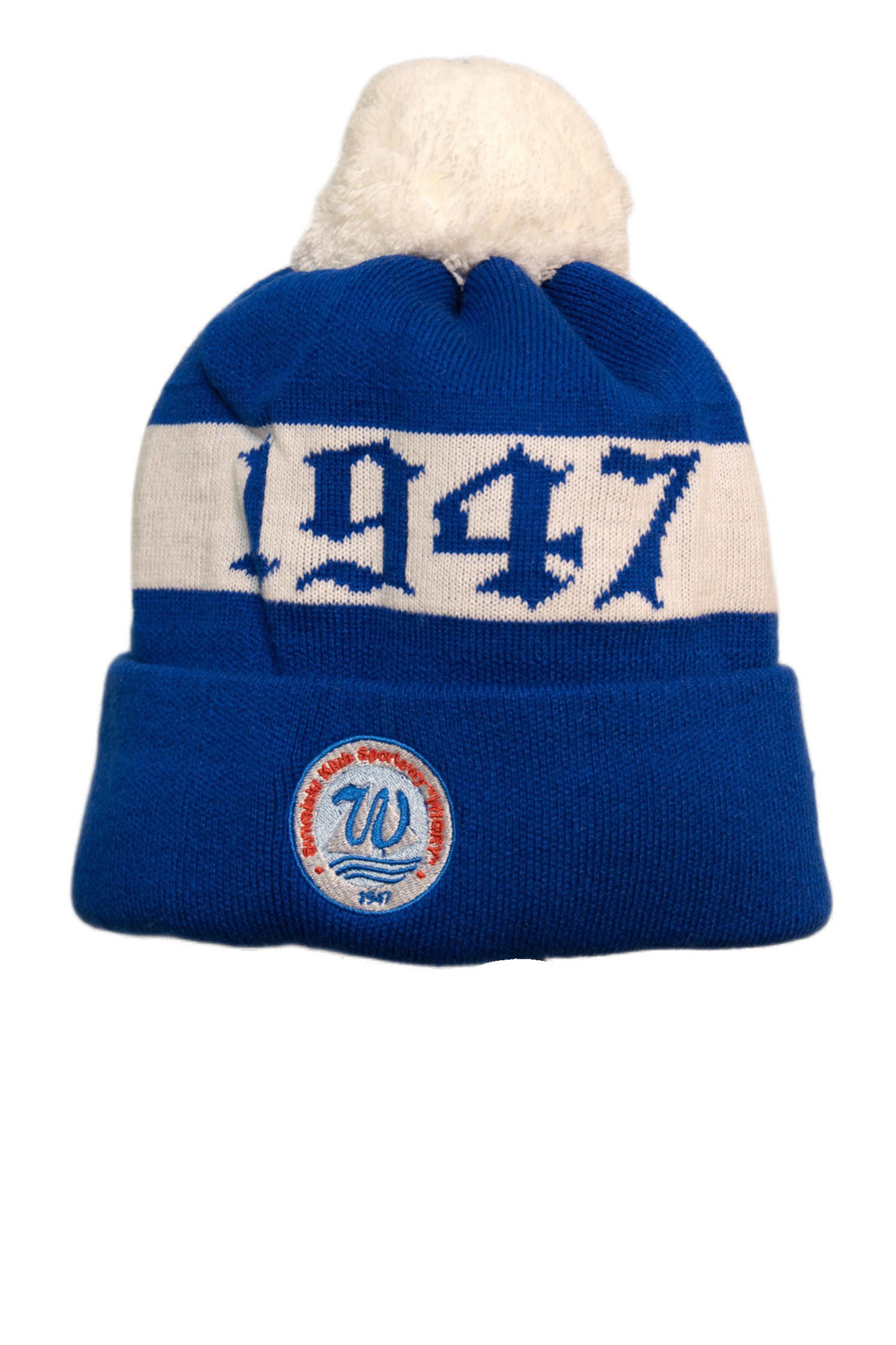 Czapka zimowa Wigry Suwałki „1947” z pomponem - biało-niebieska 65c333ea0493d74a3ca775b6c1b609bb