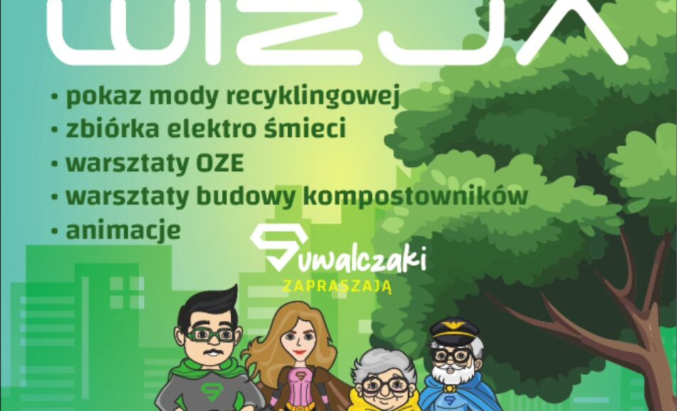 Plakat Festiwalu Ekologicznego Eko Wizja 5 z hasłami ekologicznymi i zieloną grafiką