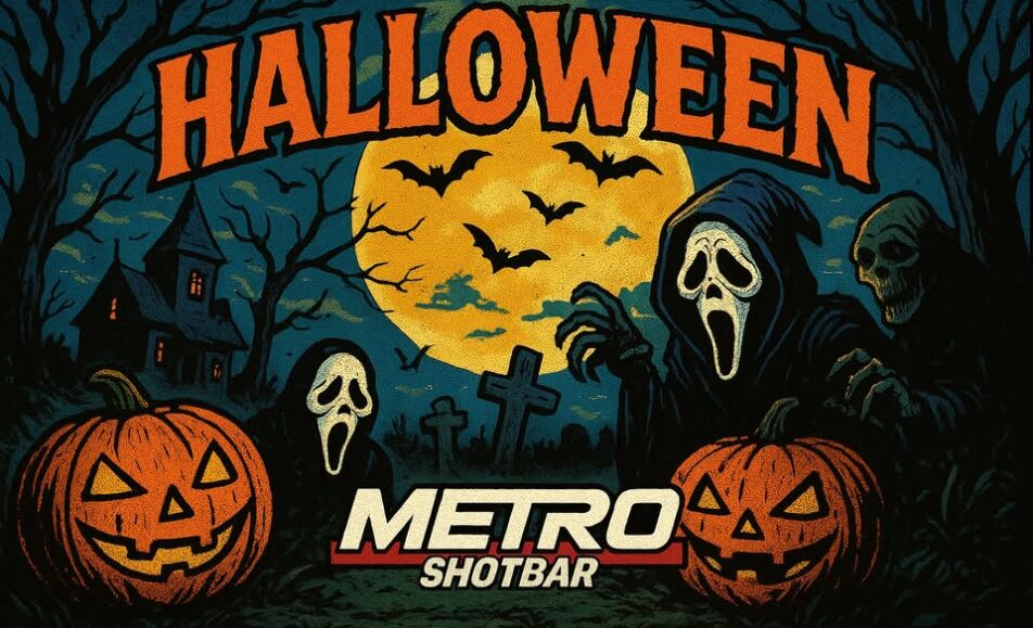Halloween w Metro plakat imprezy halloweenowej w Metro Shot Bar