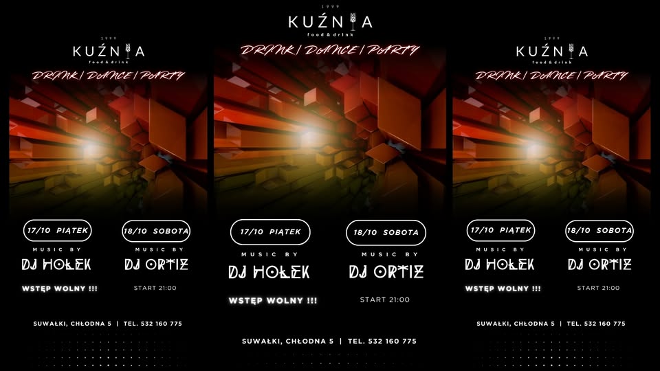 Plakat z informacją o imprezach DJ Hołka i DJ Ortiza w Music Factory