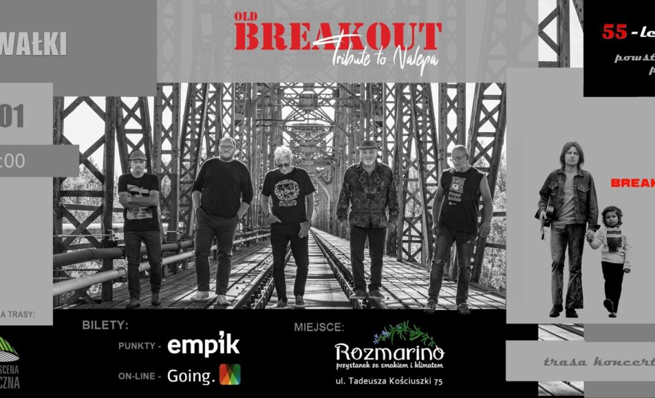 Muzycy Breakout w Suwałkach Muzycy zespołu Breakout na tle plakatu koncertowego