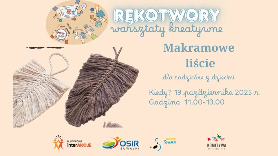 Rękotwory – Makramowe liście Makramowe liście wykonane z kolorowych sznurków na warsztatach