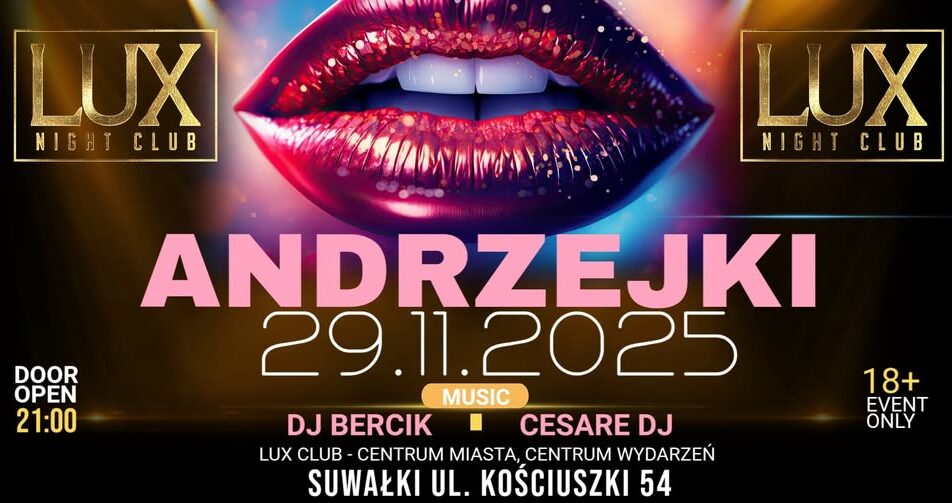 Plakat imprezy andrzejkowej z DJ-ami Bercik i Cesare w Lux Night Club