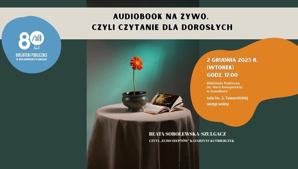 Plakat wydarzenia Audiobook na żywo w Suwałkach z informacją o czytaniu książki Echo szeptów