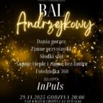 Plakat promujący Bal Andrzejkowy Nad Kaczym 2025 z informacjami o atrakcyjnych punktach programu