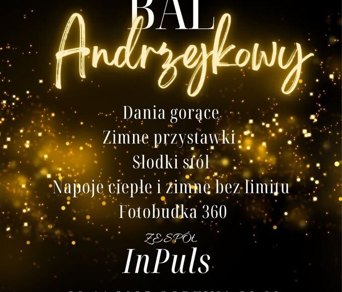 Plakat promujący Bal Andrzejkowy Nad Kaczym 2025 z informacjami o atrakcyjnych punktach programu