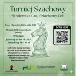 plansza szachowa i figury szachowe na tle logo wydarzenia