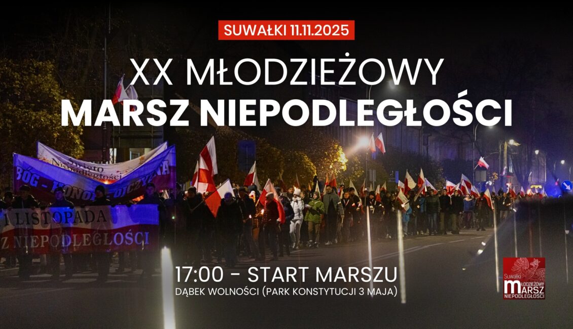 uczestnicy marszu niepodległości z biało-czerwonymi flagami w Suwałkach