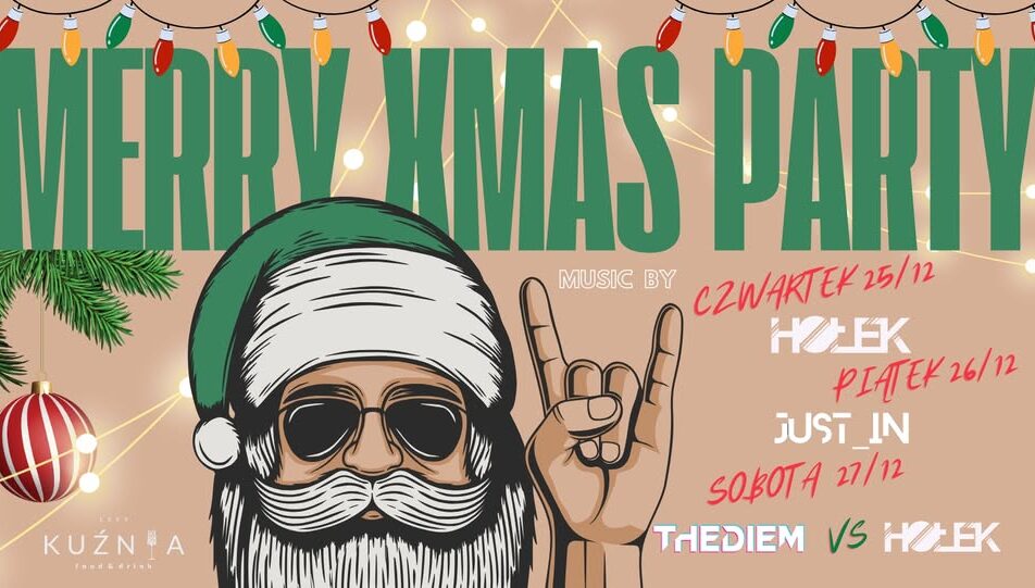 plakat imprezy Merry Xmas Party z DJ Hołek, Just_in i Thediem