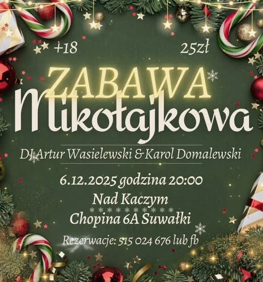 Plakat wydarzenia Mikołajki Nad Kaczym z DJ-em Arturem Wasielewskim i Karolem Domalewskim