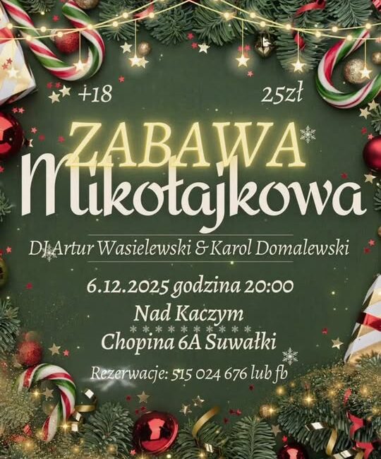 Plakat wydarzenia Mikołajki Nad Kaczym z DJ-em Arturem Wasielewskim i Karolem Domalewskim