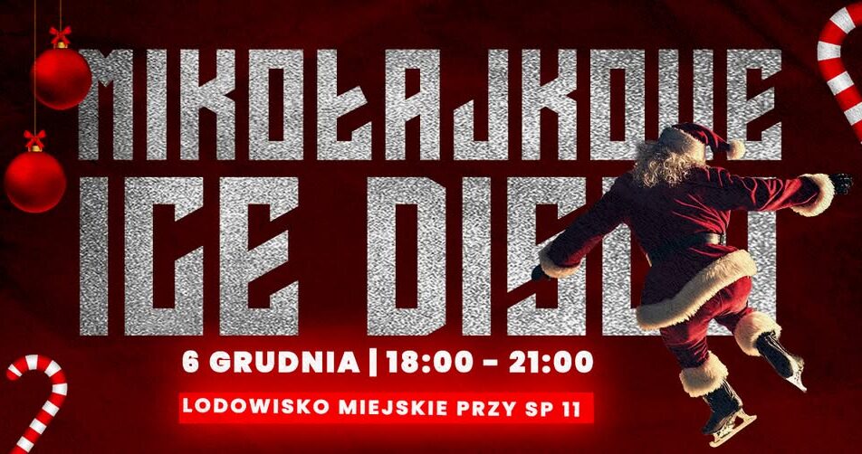 Postać Mikołaja na lodowisku w oprawie dyskotekowej
