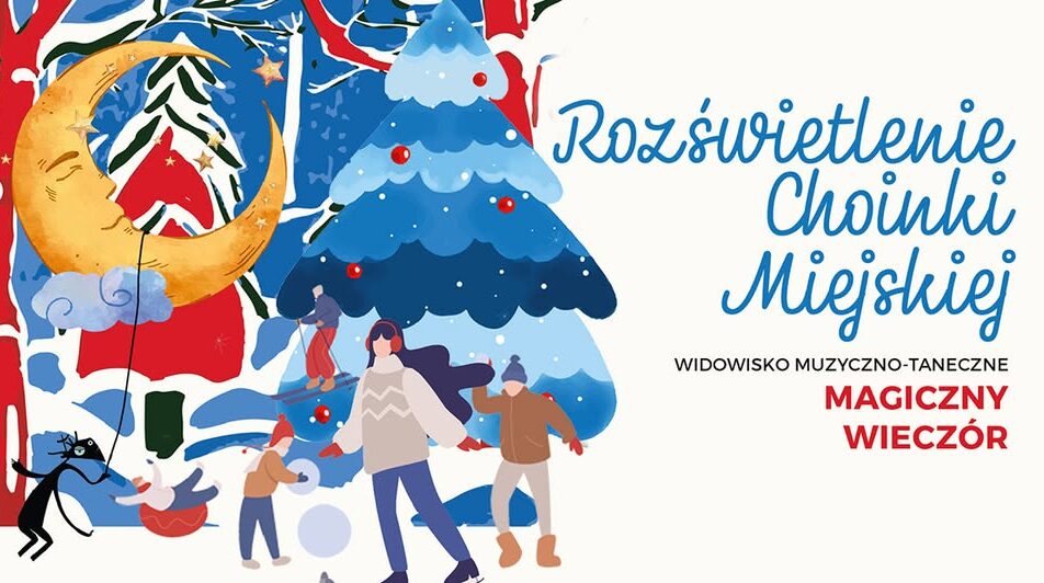 Świąteczna choinka na miejskim placu przy iluminacjach