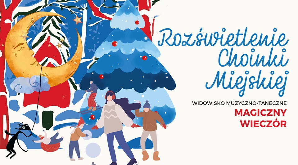 Świąteczna choinka na miejskim placu przy iluminacjach