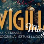 Wigilia Miejska oraz kiermasz rękodzieła i sztuki ludowej scena świąteczna z choinkami, kolędnikami i ludźmi dzielącymi się opłatkiem