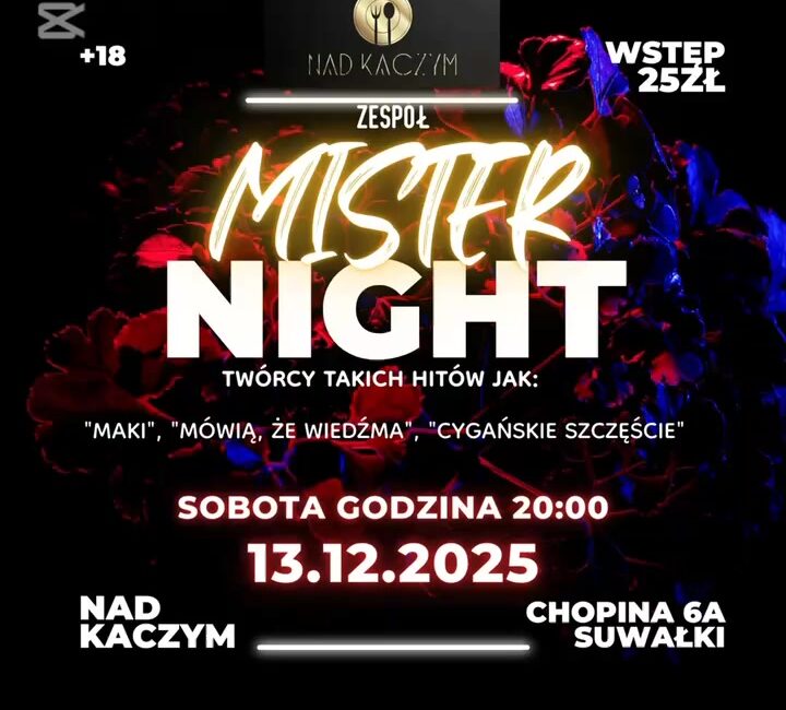 Zabawa taneczna z zespołem Mister Night w Nad Kaczym Zespół Mister Night wystąpi podczas zabawy tanecznej w lokalu Nad Kaczym