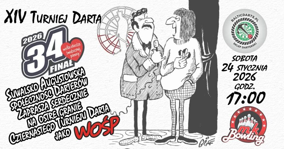 14 Turniej Darta Wielkiej Orkiestry Świątecznej Pomocy Plakat 14. Turnieju Darta WOŚP w Suwałkach