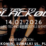 biały tekst BLACKOUT na czarnym tle promujący wydarzenie muzyczne