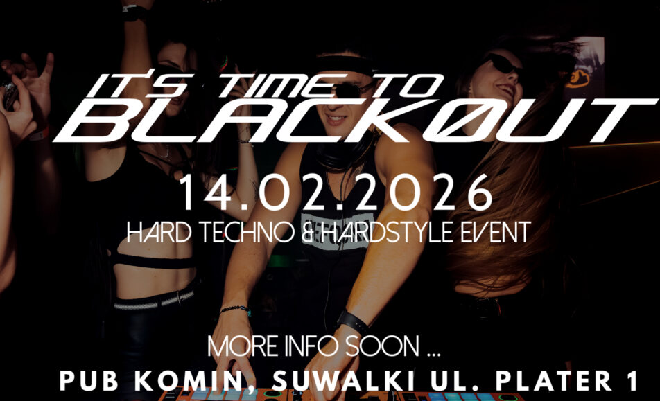 biały tekst BLACKOUT na czarnym tle promujący wydarzenie muzyczne