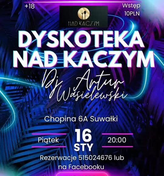 Dyskotekowy piątek z DJ Arturem Wasielewskim DJ Artur Wasielewski za konsoletą w klubowym oświetleniu