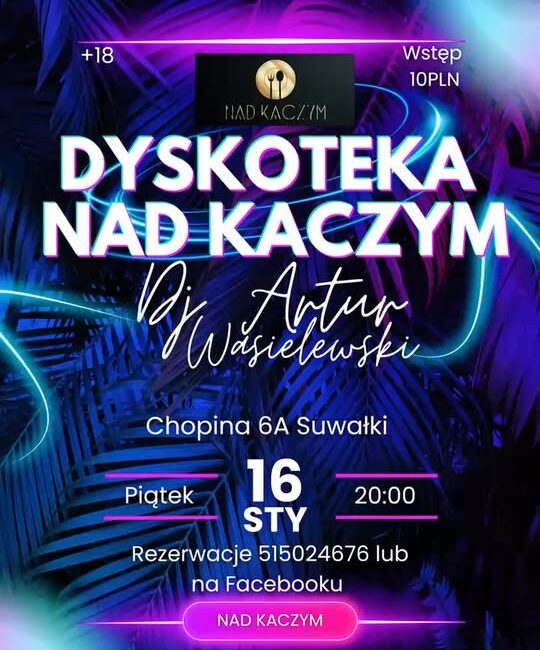 Dyskotekowy piątek z DJ Arturem Wasielewskim DJ Artur Wasielewski za konsoletą w klubowym oświetleniu