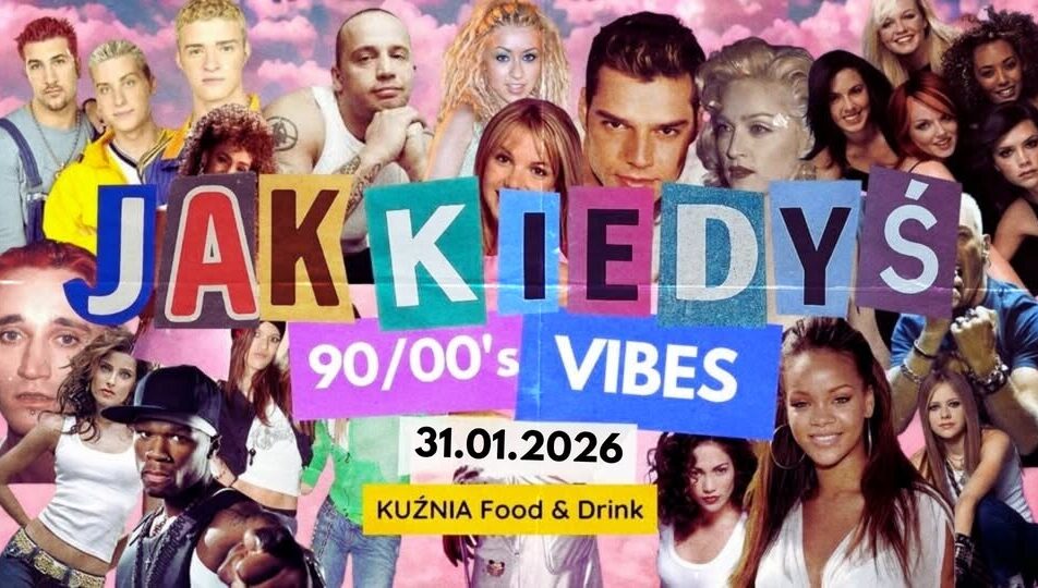 Plakat imprezy JAK KIEDYŚ w stylu lat 90. i 2000.