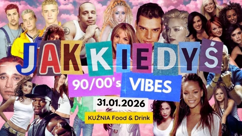 Plakat imprezy JAK KIEDYŚ w stylu lat 90. i 2000.