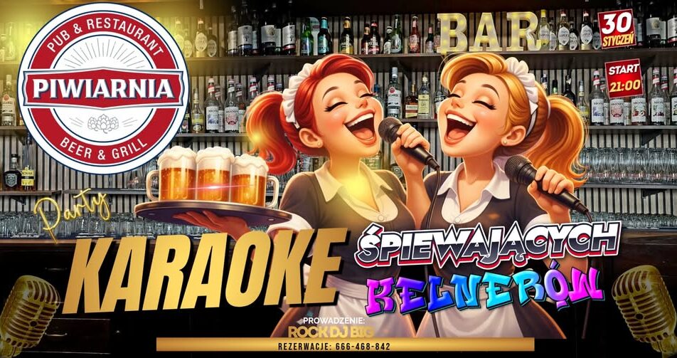 Śpiewający kelner z mikrofonem na scenie podczas karaoke