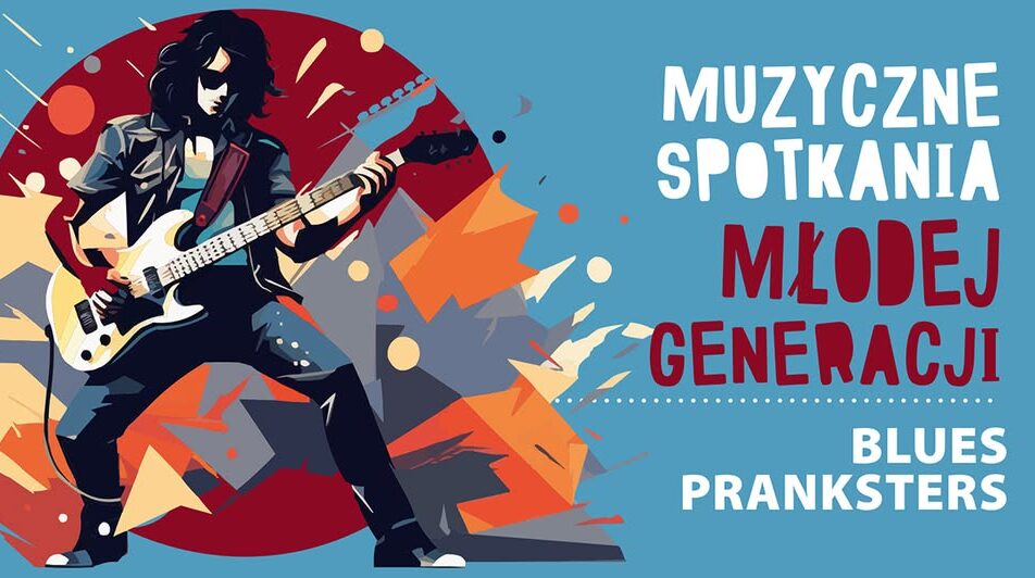 Zespół Blues Pranksters na tle logotypu Muzyczne Spotkania Młodej Generacji