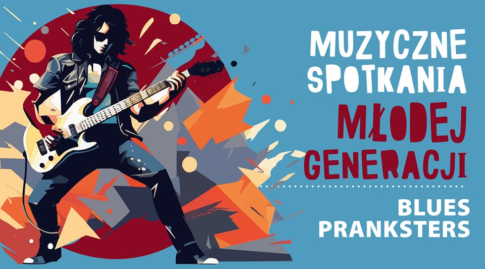 Zespół Blues Pranksters na tle logotypu Muzyczne Spotkania Młodej Generacji