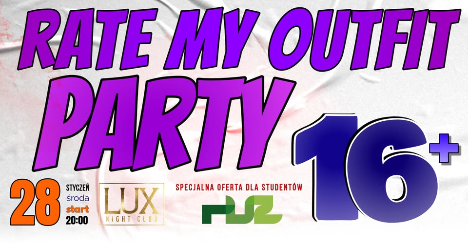 plakat wydarzenia Rate My Outfit Party z datą i informacjami o nagrodach za stylizacje