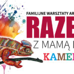 Kolorowy kameleon wykonany z papieru na tle stołu z materiałami plastycznymi