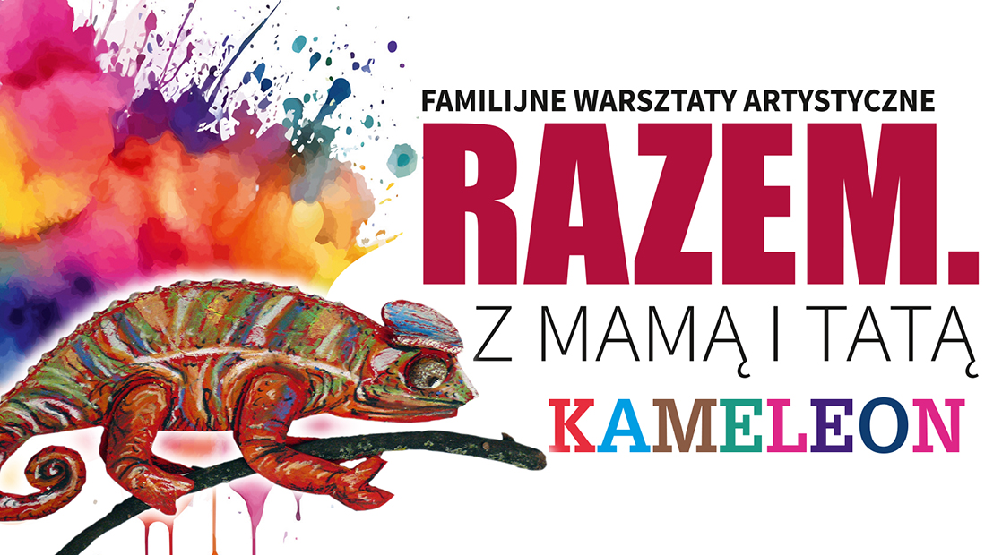 Kolorowy kameleon wykonany z papieru na tle stołu z materiałami plastycznymi