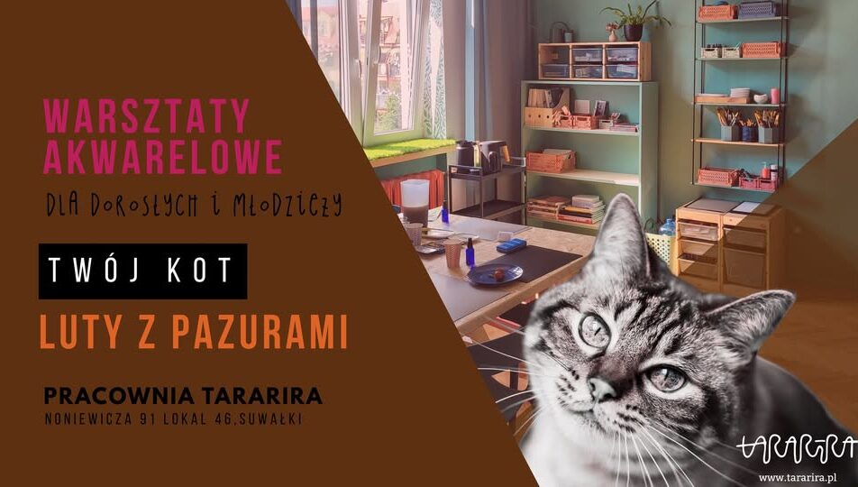 ilustracja kota w stylu akwarelowym w otoczeniu przyborów malarskich