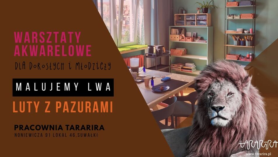 ilustracja lwa namalowanego akwarelą w stylu ekspresyjnym