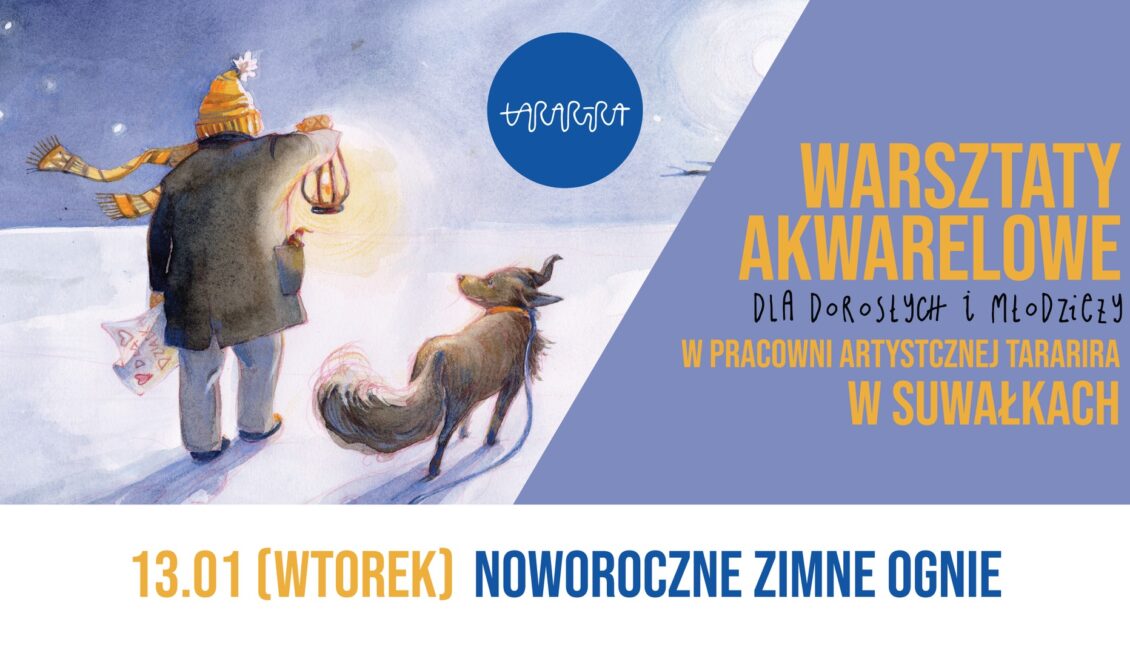 zimowy pejzaż akwarelowy z motywem śniegu i świateł