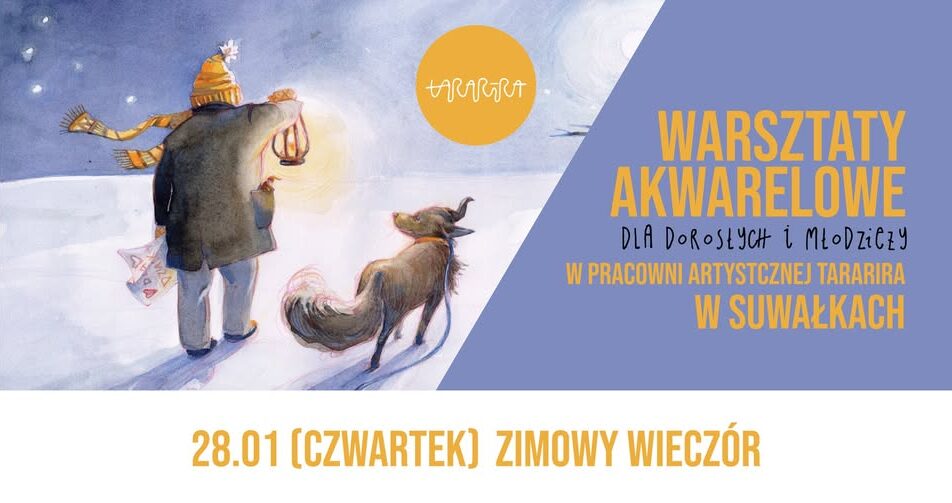 Akwarelowy zimowy pejzaż z ciepłym światłem w oknach