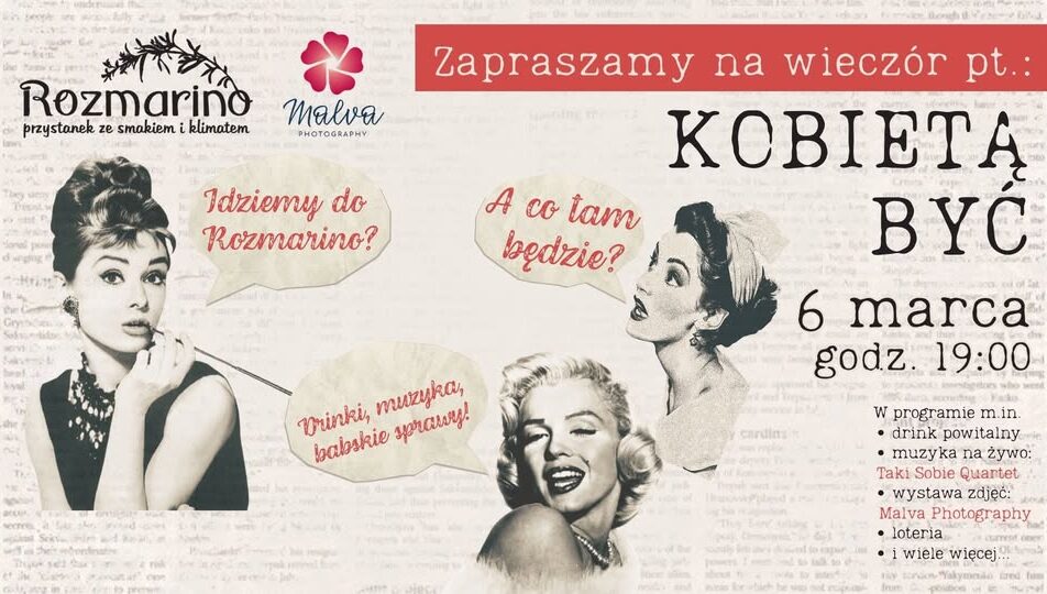 Plakat wydarzenia Kobietą być z wizerunkami ikon kobiecości