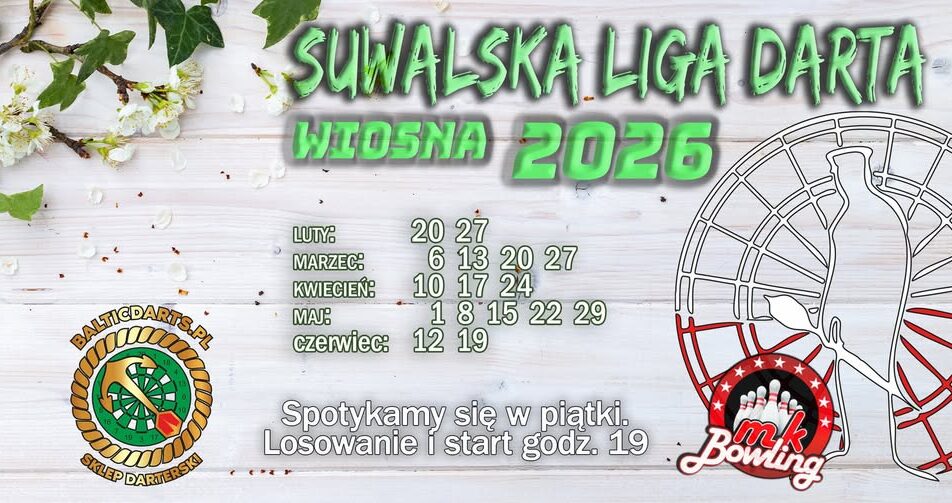 Plakat Suwalskiej Ligi Darta na wiosnę 2026