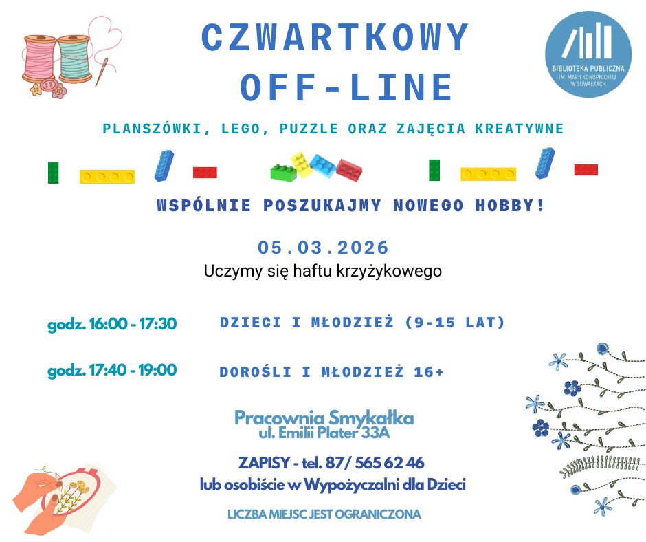 Czwartkowy OFF-LINE w suwalskiej bibliotece: warsztaty haftu krzyżykowego dla młodzieży i dorosłych