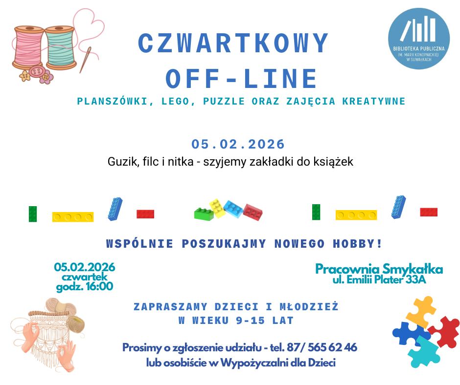 Czwartkowy OFF-LINE w Bibliotece: warsztaty szycia zakładek dla młodzieży Czwartkowy OFF-LINE w Bibliotece: warsztaty szycia zakładek dla młodzieży