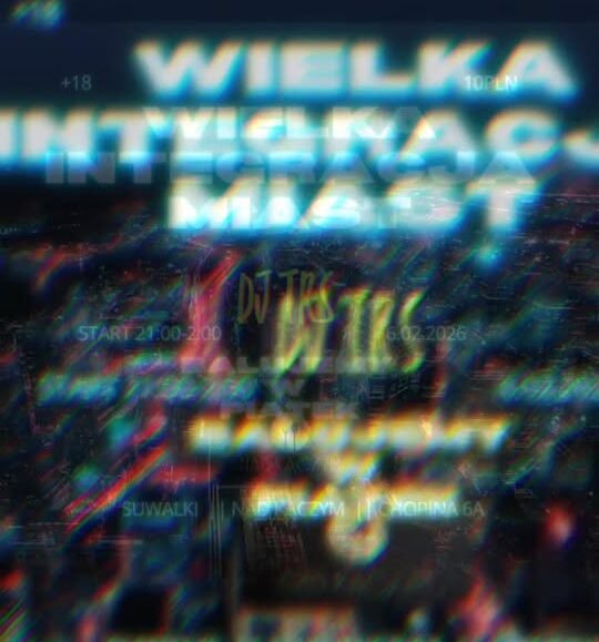 Plakat promujący imprezę integracyjną z DJ-em TRS w Suwałkach