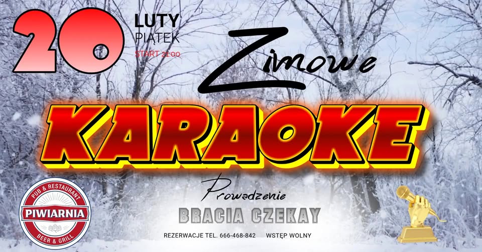 plakat promujący zimowe karaoke w Piwiarni Pub & Restaurant