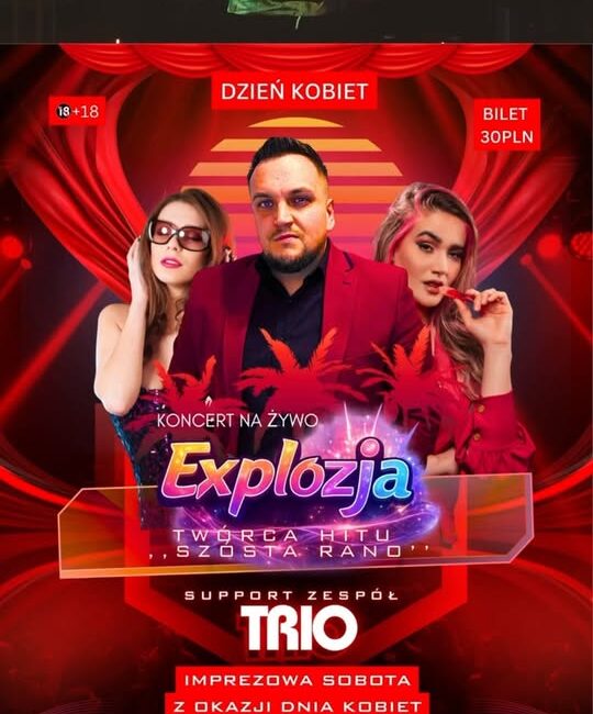 Imprezowa Sobota z okazji Dnia Kobiet Nad Kaczym Scena koncertowa z zespołem Explozja podczas wydarzenia Dnia Kobiet.