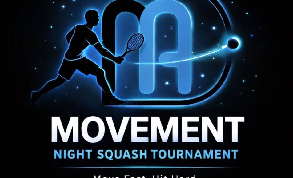 Uczestnicy grający w squash oraz bawiący się na trampolinach.