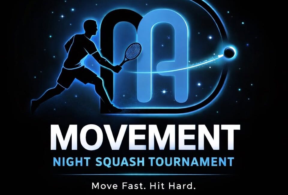 Movement Night Squash Uczestnicy grający w squash oraz bawiący się na trampolinach.