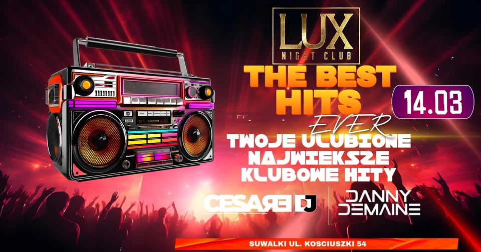 Logo Lux Night Club z datą wydarzenia 14 marca.