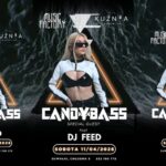 DJ Candybass za konsoletą, tłum bawiący się w klubie.