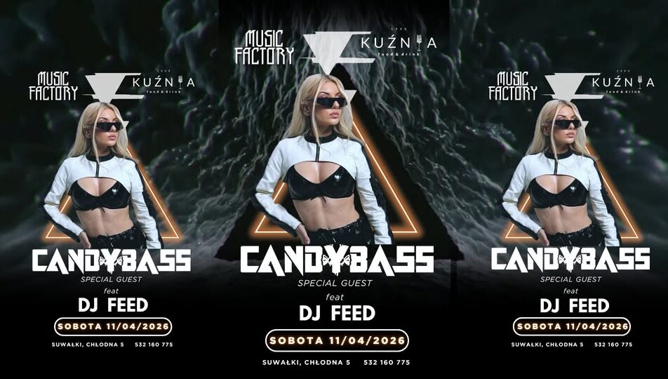 DJ Candybass za konsoletą, tłum bawiący się w klubie.