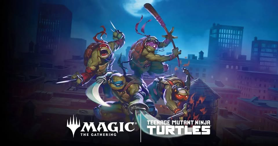 Karty Magic: The Gathering z dodatku Teenage Mutant Ninja Turtles na stole.